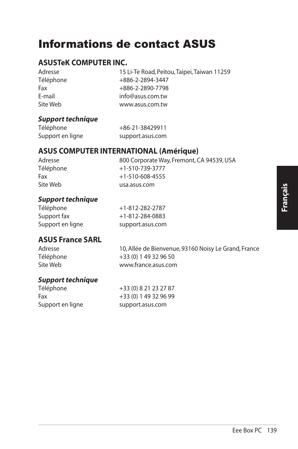 Informations de contact asus, Fr ançais, Asustek computer inc | Asus computer international (amérique), Asus france sarl | Asus EB1012U User Manual | Page 139 / 325
