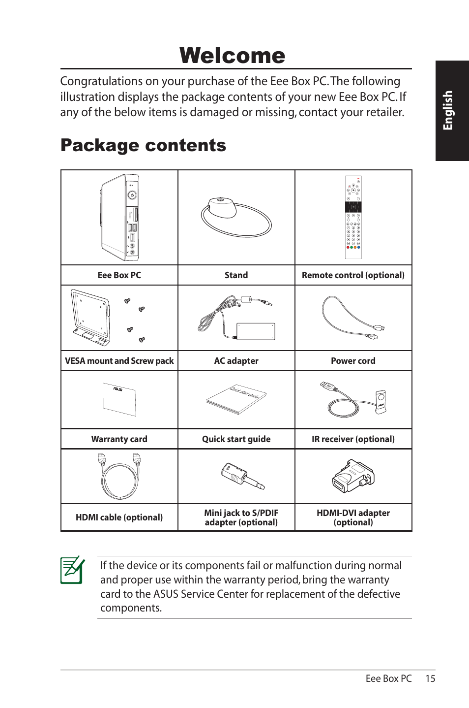 Welcome, Package contents, English | Asus EB1012U User Manual | Page 15 / 325