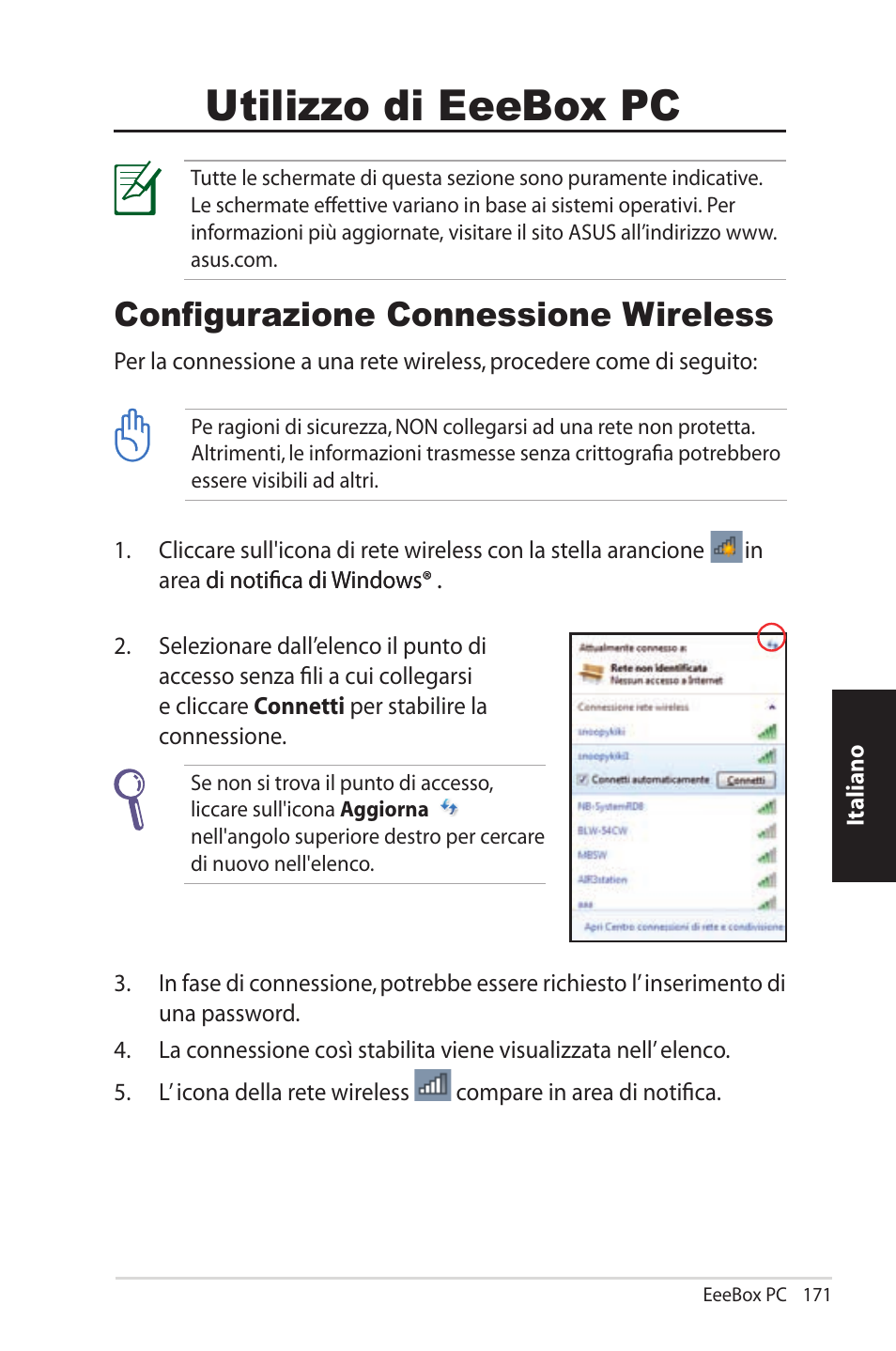 Using your eeebox pc, Configuring wireless connection, Eless | Utilizzo di eeebox pc, Configurazione connessione wireless | Asus EB1012U User Manual | Page 171 / 325