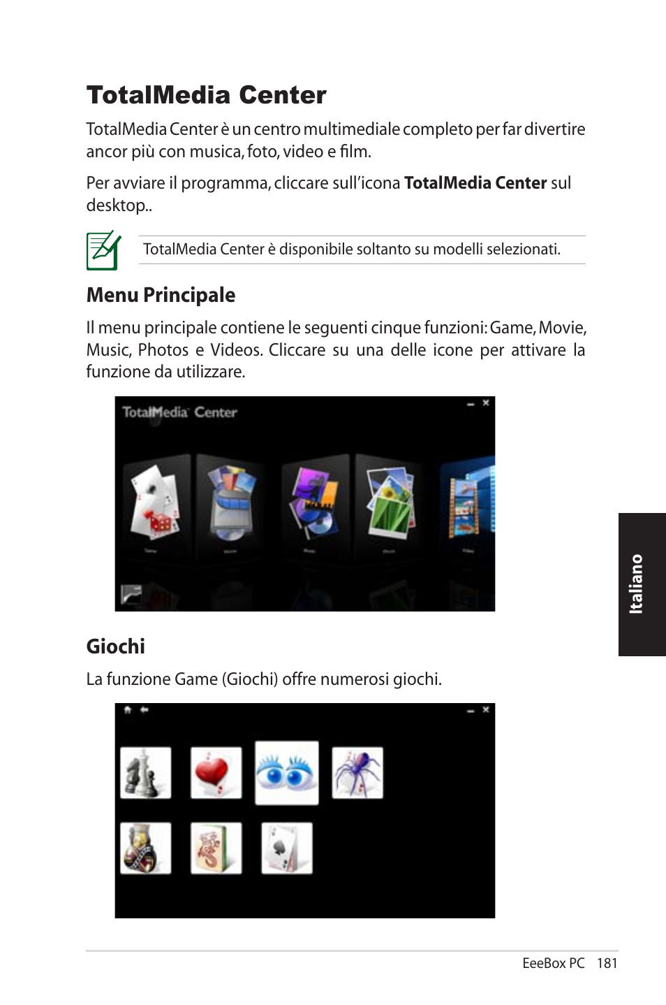 Totalmedia center, Main menu, Game | Giochi, Menu principale | Asus EB1012U User Manual | Page 181 / 325