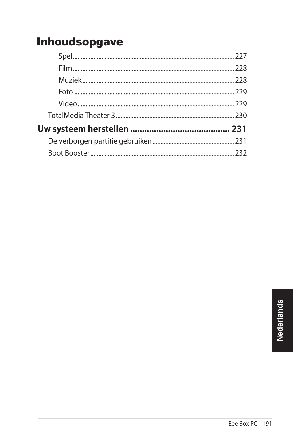 Inhoudsopgave, Uw systeem herstellen | Asus EB1012U User Manual | Page 191 / 325