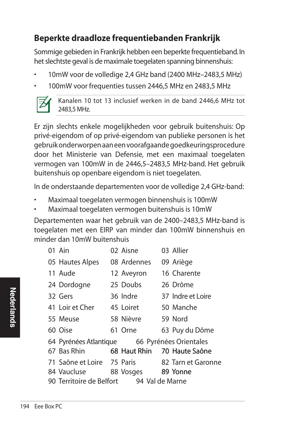 Beperkte draadloze frequentiebanden frankrijk | Asus EB1012U User Manual | Page 194 / 325