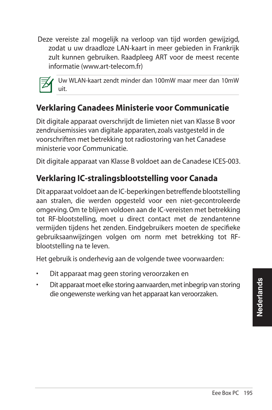 Verklaring canadees ministerie voor communicatie, Verklaring ic-stralingsblootstelling voor canada | Asus EB1012U User Manual | Page 195 / 325