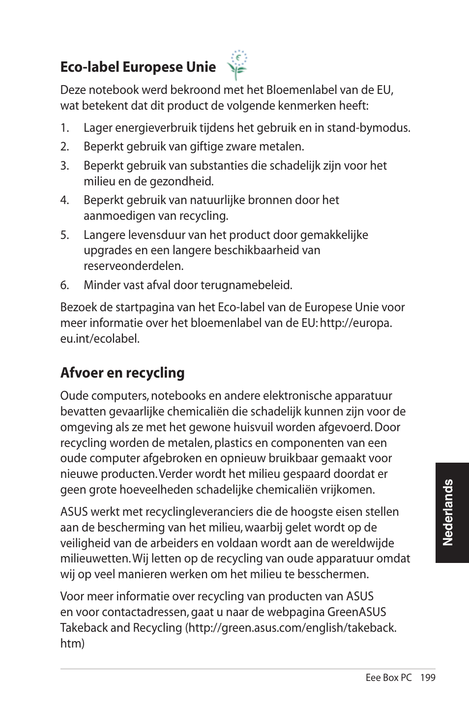 Eco-label europese unie, Afvoer en recycling | Asus EB1012U User Manual | Page 199 / 325