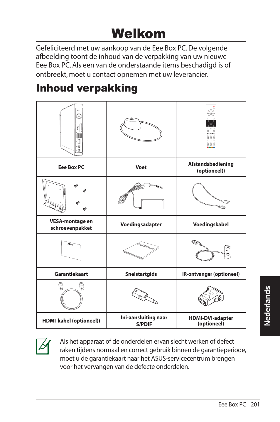 Welkom, Inhoud verpakking, Nederlands | Asus EB1012U User Manual | Page 201 / 325