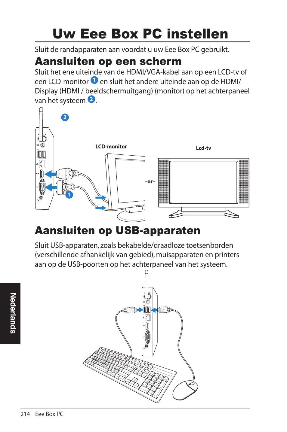 Uw eee box pc instellen, Aansluiten op een scherm, Aansluiten op usb-apparaten | Asus EB1012U User Manual | Page 214 / 325