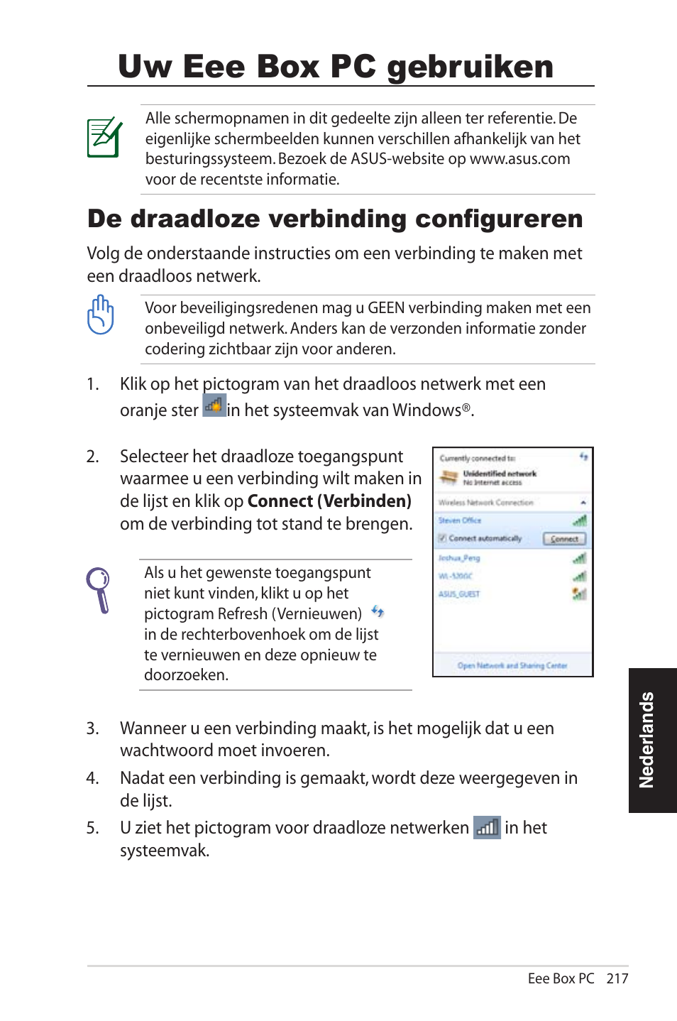 Uw eee box pc gebruiken, De draadloze verbinding configureren | Asus EB1012U User Manual | Page 217 / 325