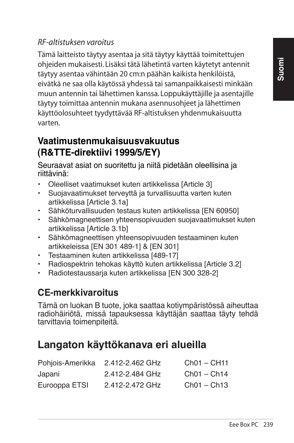 Langaton käyttökanava eri alueilla, Ce-merkkivaroitus | Asus EB1012U User Manual | Page 239 / 325