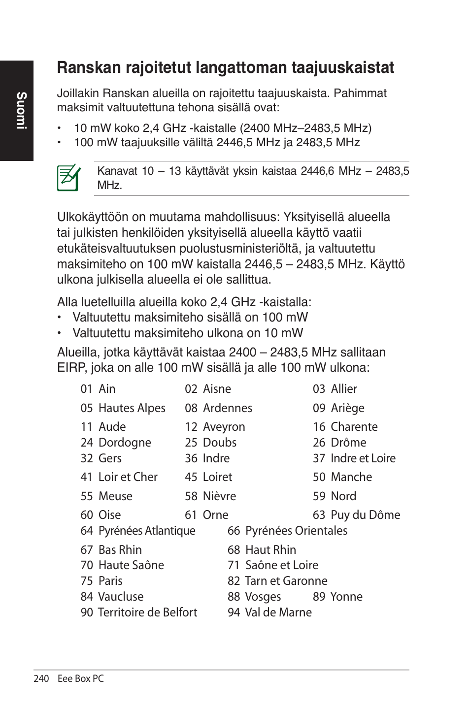 Ranskan rajoitetut langattoman taajuuskaistat | Asus EB1012U User Manual | Page 240 / 325