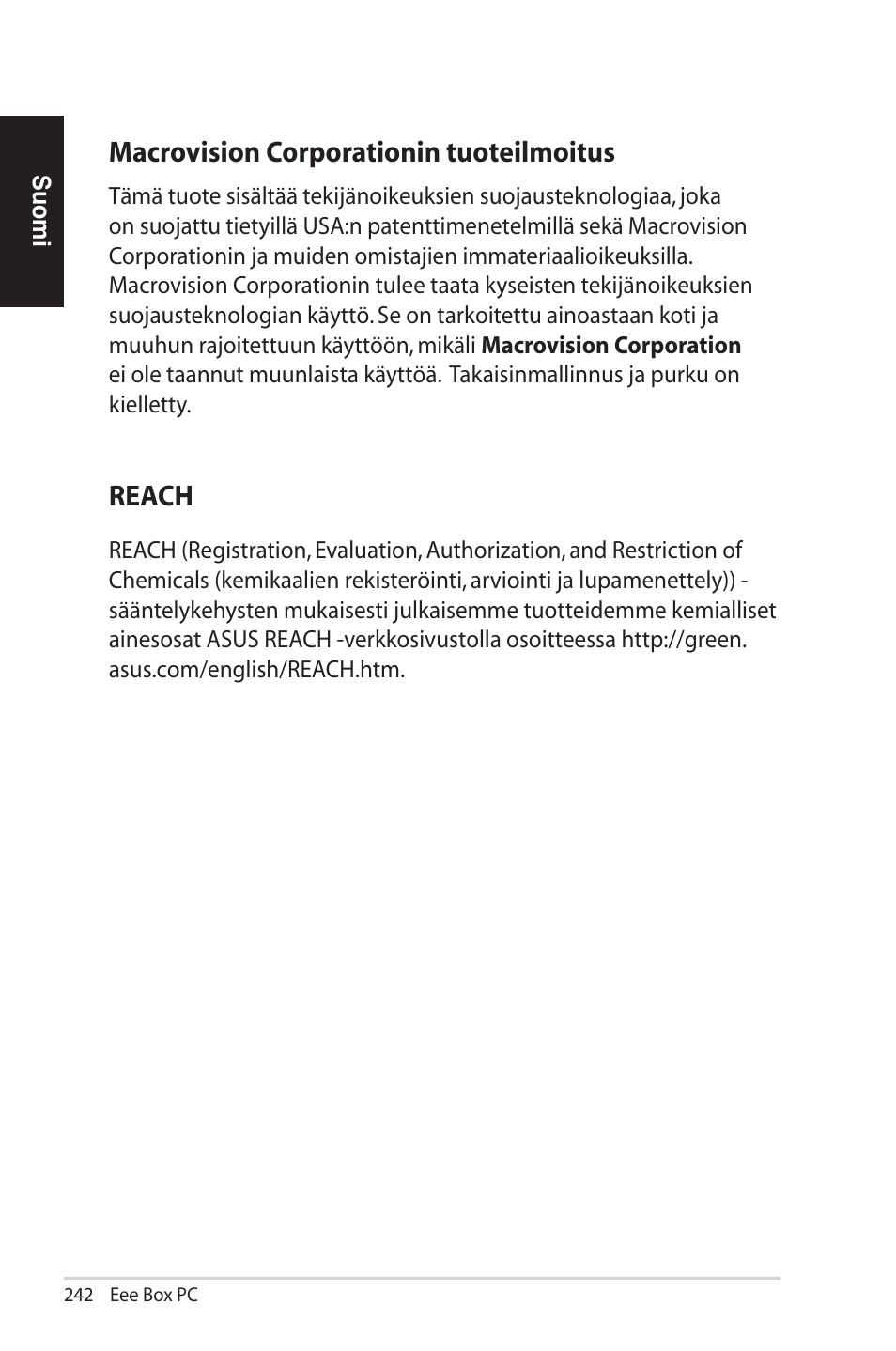 Macrovision corporationin tuoteilmoitus, Reach | Asus EB1012U User Manual | Page 242 / 325