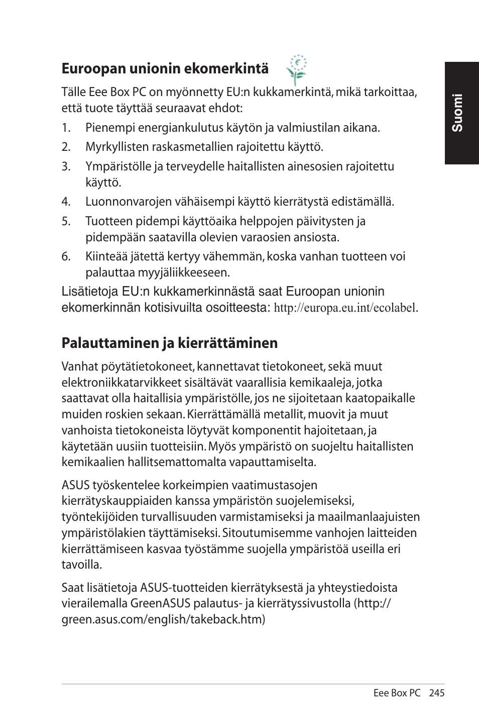 Euroopan unionin ekomerkintä, Palauttaminen ja kierrättäminen | Asus EB1012U User Manual | Page 245 / 325