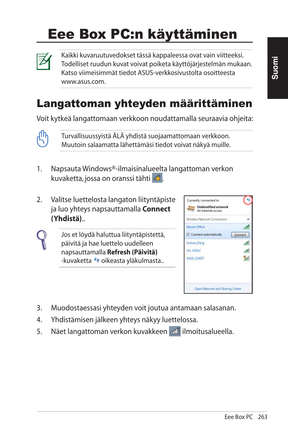 Eee box pc:n käyttäminen, Langattoman yhteyden määrittäminen | Asus EB1012U User Manual | Page 263 / 325