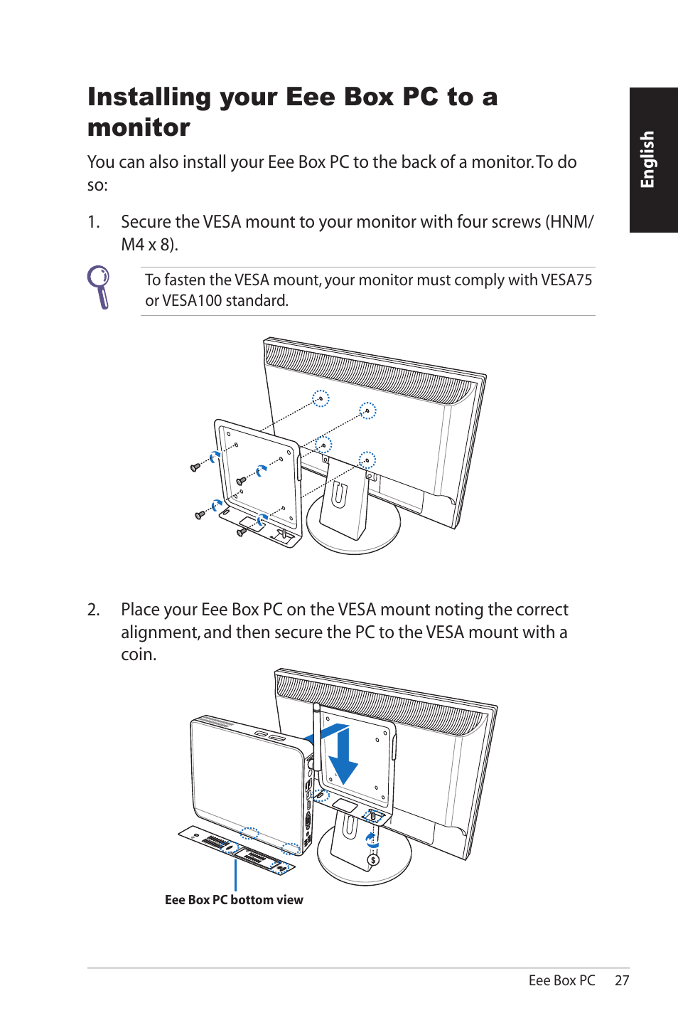 Installing your eee box pc to a monitor | Asus EB1012U User Manual | Page 27 / 325