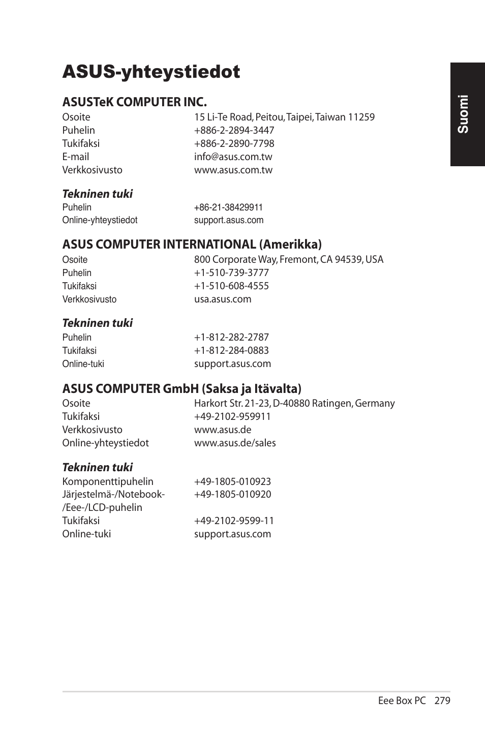 Asus-yhteystiedot, Suomi, Asustek computer inc | Asus computer international (amerikka), Asus computer gmbh (saksa ja itävalta) | Asus EB1012U User Manual | Page 279 / 325