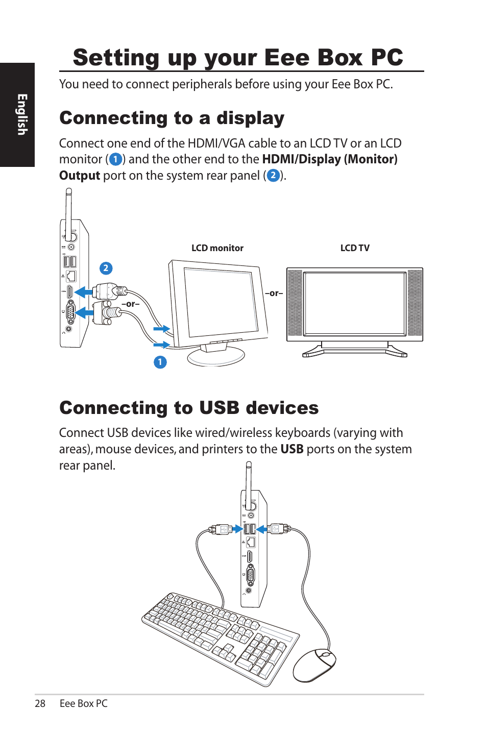 Setting up your eee box pc, Connecting to a display, Connecting to usb devices | Connecting to a display connecting to usb devices | Asus EB1012U User Manual | Page 28 / 325