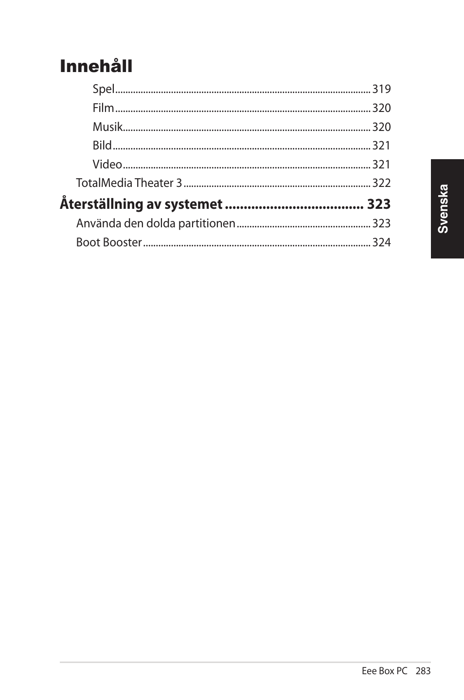 Innehåll, Återställning av syst emet | Asus EB1012U User Manual | Page 283 / 325