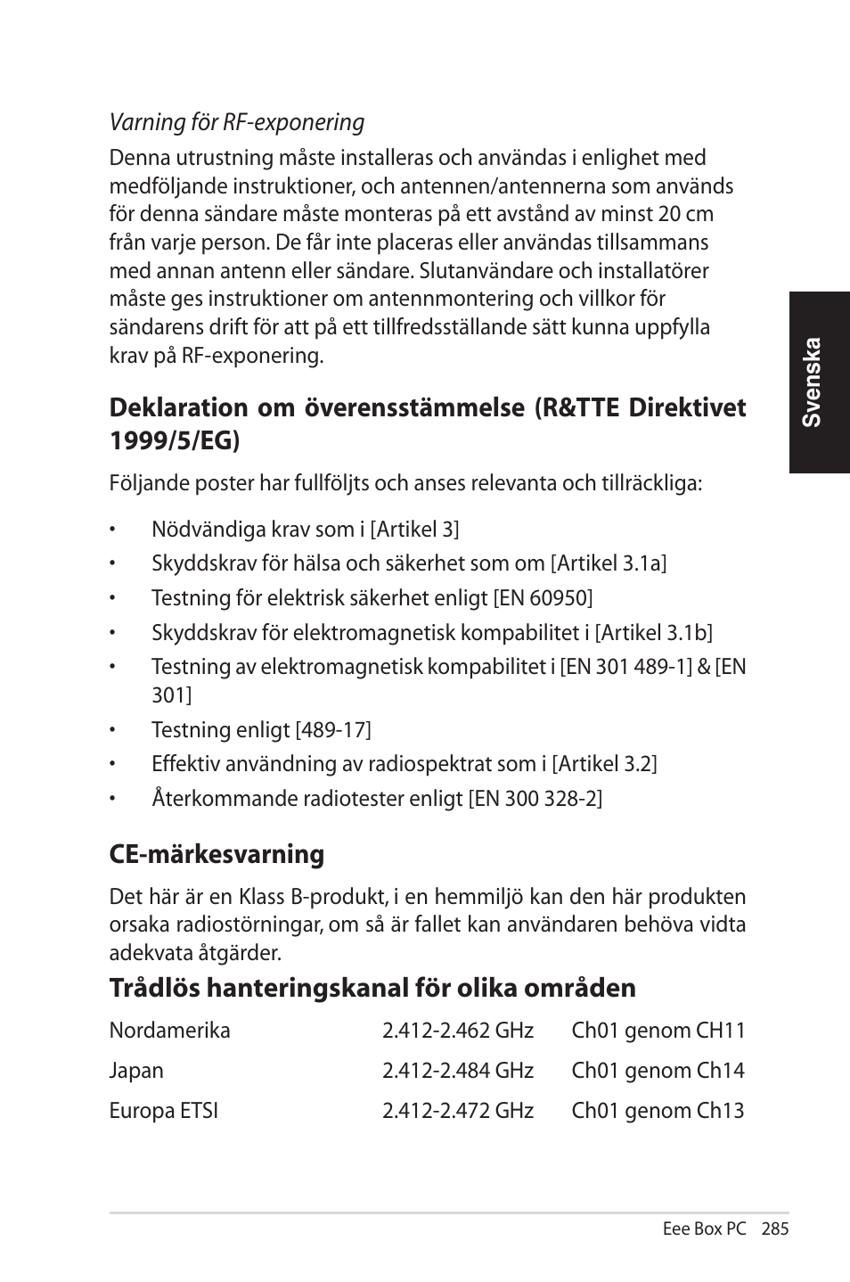 Ce-märkesvarning, Trådlös hanteringskanal för olika områden | Asus EB1012U User Manual | Page 285 / 325