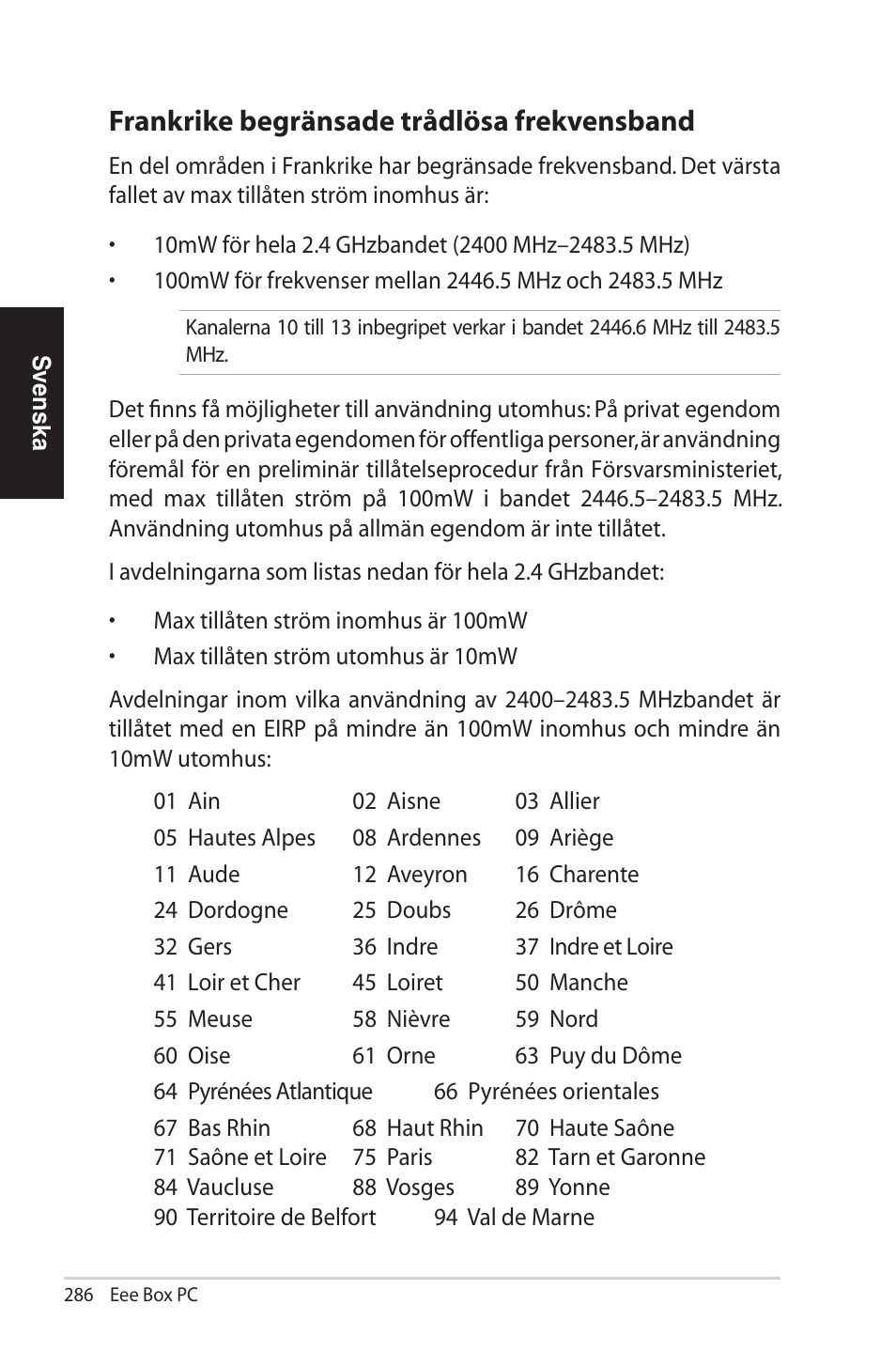 Frankrike begränsade trådlösa frekvensband | Asus EB1012U User Manual | Page 286 / 325