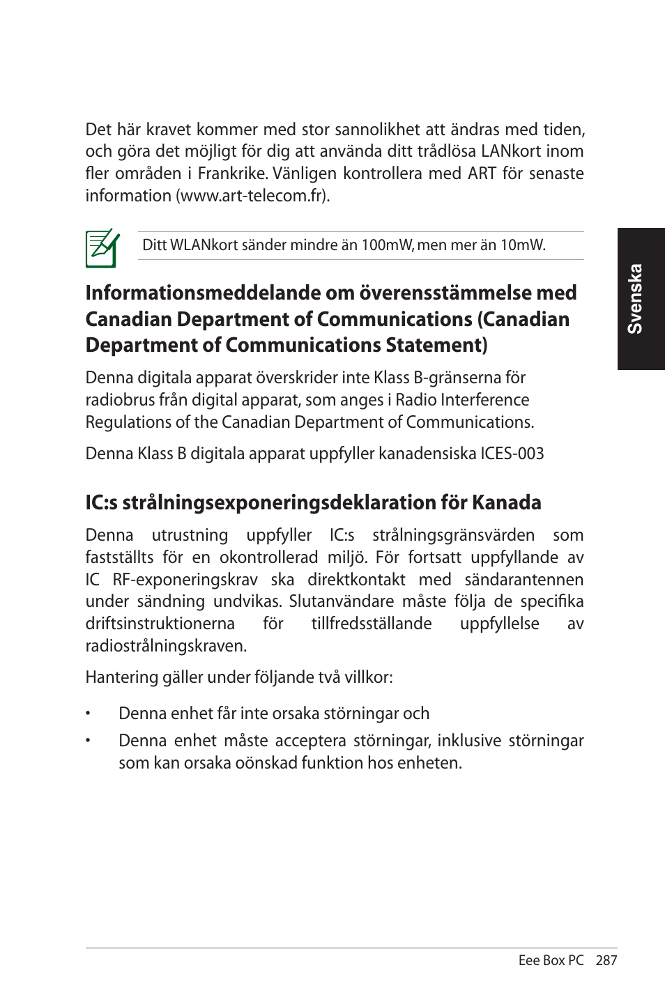 Ic:s strålningsexponeringsdeklaration för kanada | Asus EB1012U User Manual | Page 287 / 325