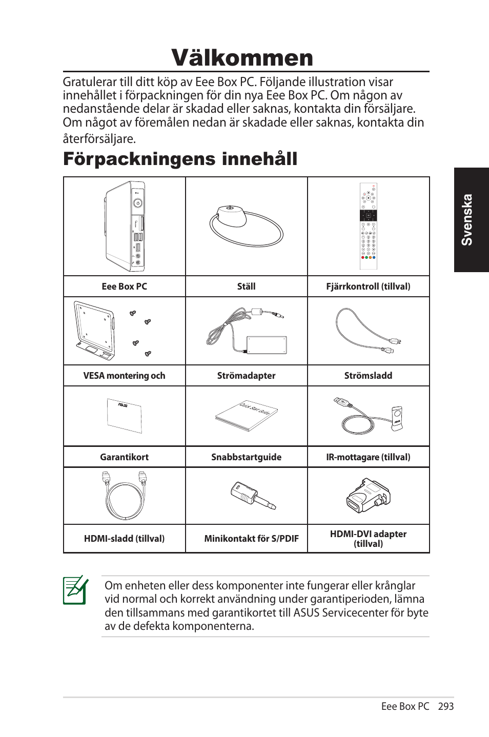 Välkommen, Förpackningens innehåll | Asus EB1012U User Manual | Page 293 / 325