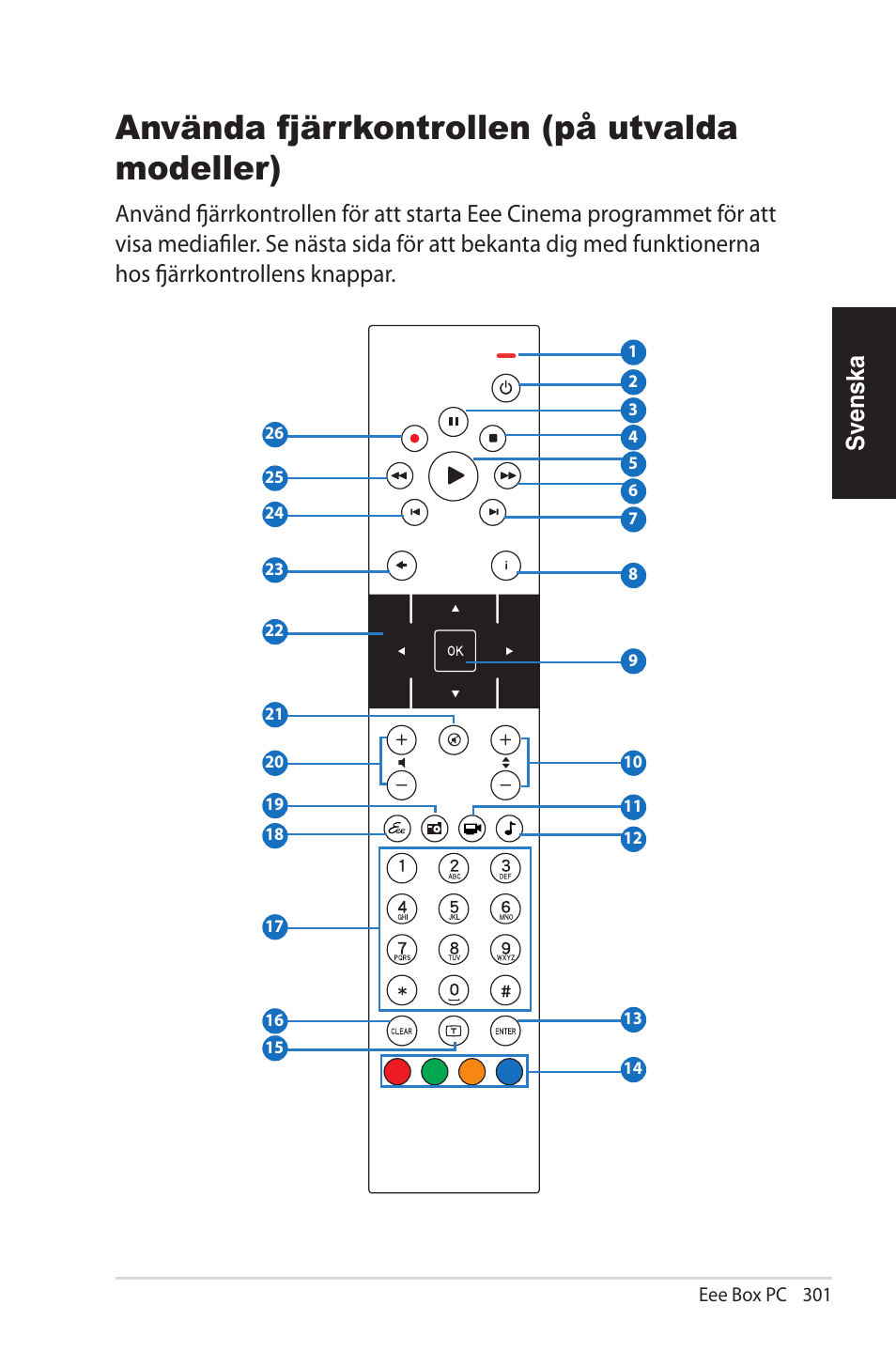 Använda fjärrkontrollen, Använda fjärrkontrollen (på utvalda modeller), Svenska | Asus EB1012U User Manual | Page 301 / 325