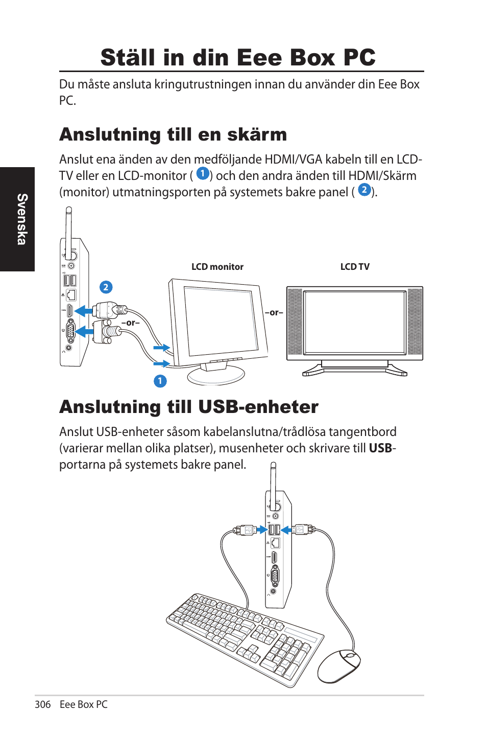 Ställ in din eee box pc, Anslutning till en skärm, Anslutning till usb-enheter | Asus EB1012U User Manual | Page 306 / 325