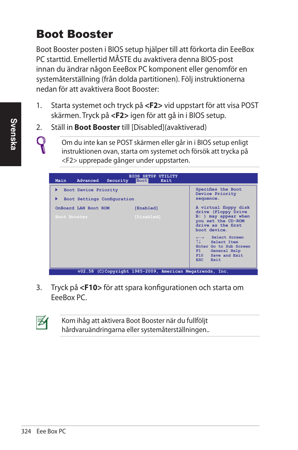 Boot booster, Svenska | Asus EB1012U User Manual | Page 324 / 325