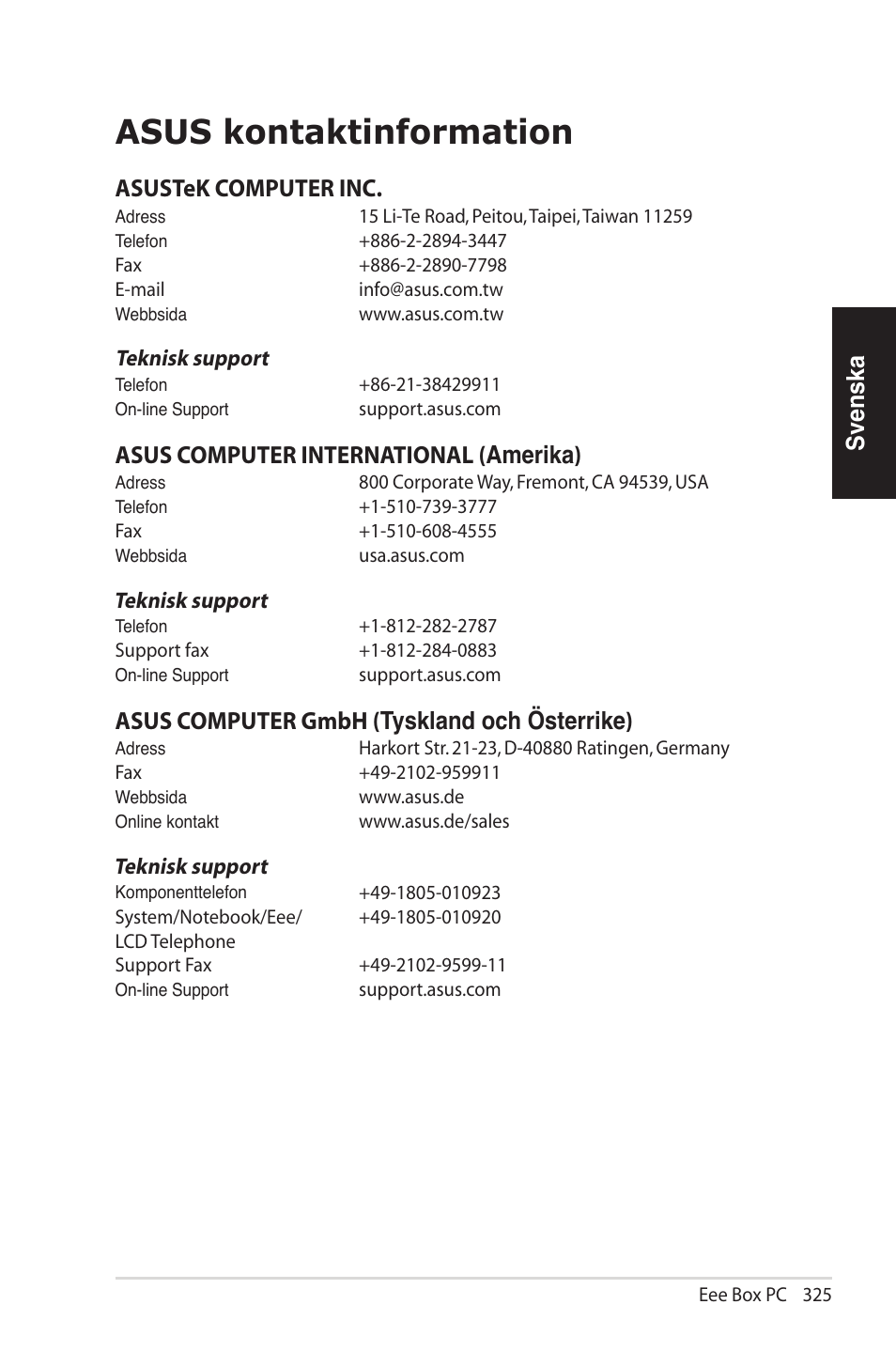 Asus kontaktinformation, Svenska, Asustek computer inc | Asus computer international ( amerika), Asus computer gmbh ( tyskland och österrike) | Asus EB1012U User Manual | Page 325 / 325