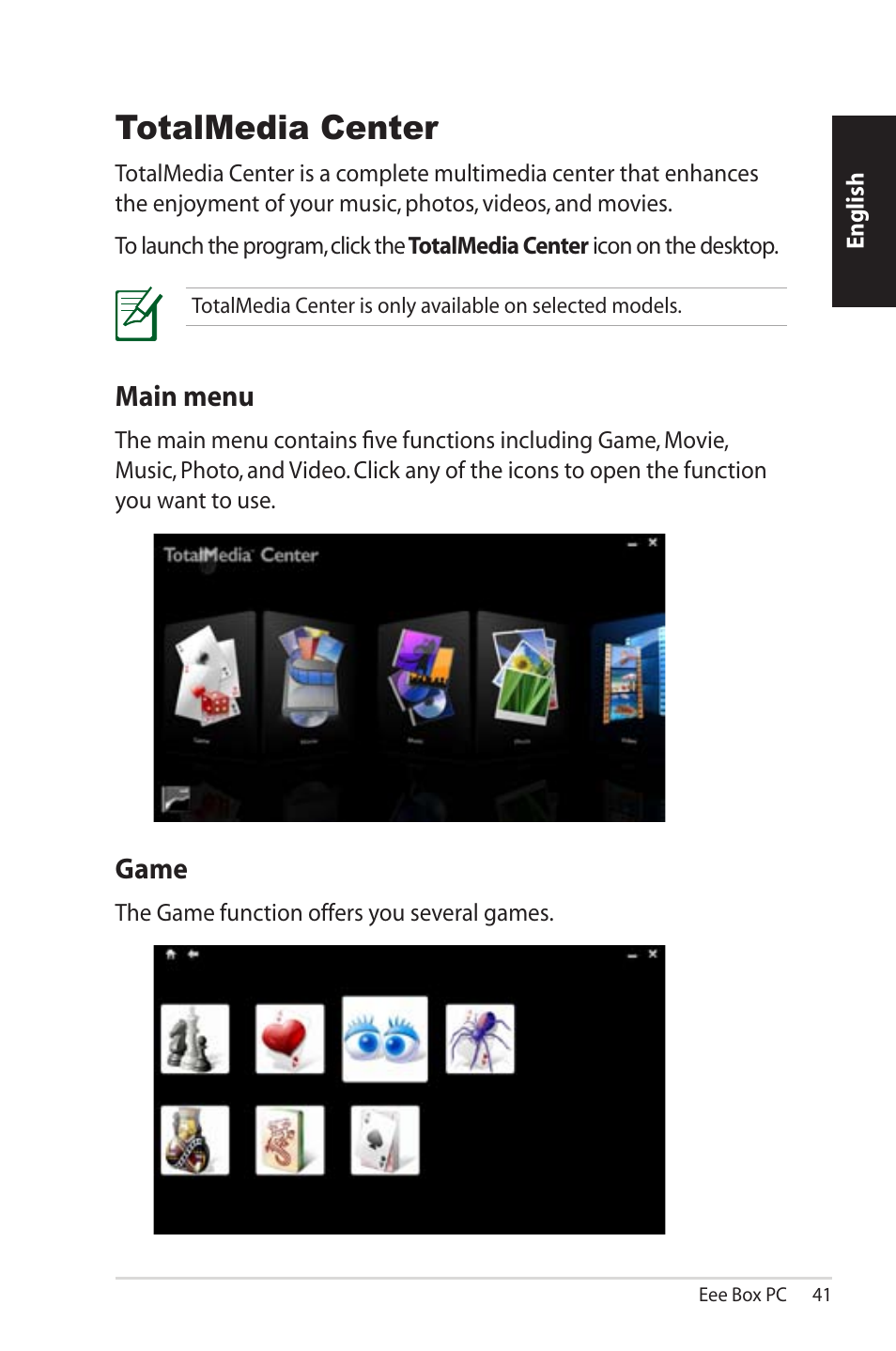 Totalmedia center, Main menu, Game | Asus EB1012U User Manual | Page 41 / 325