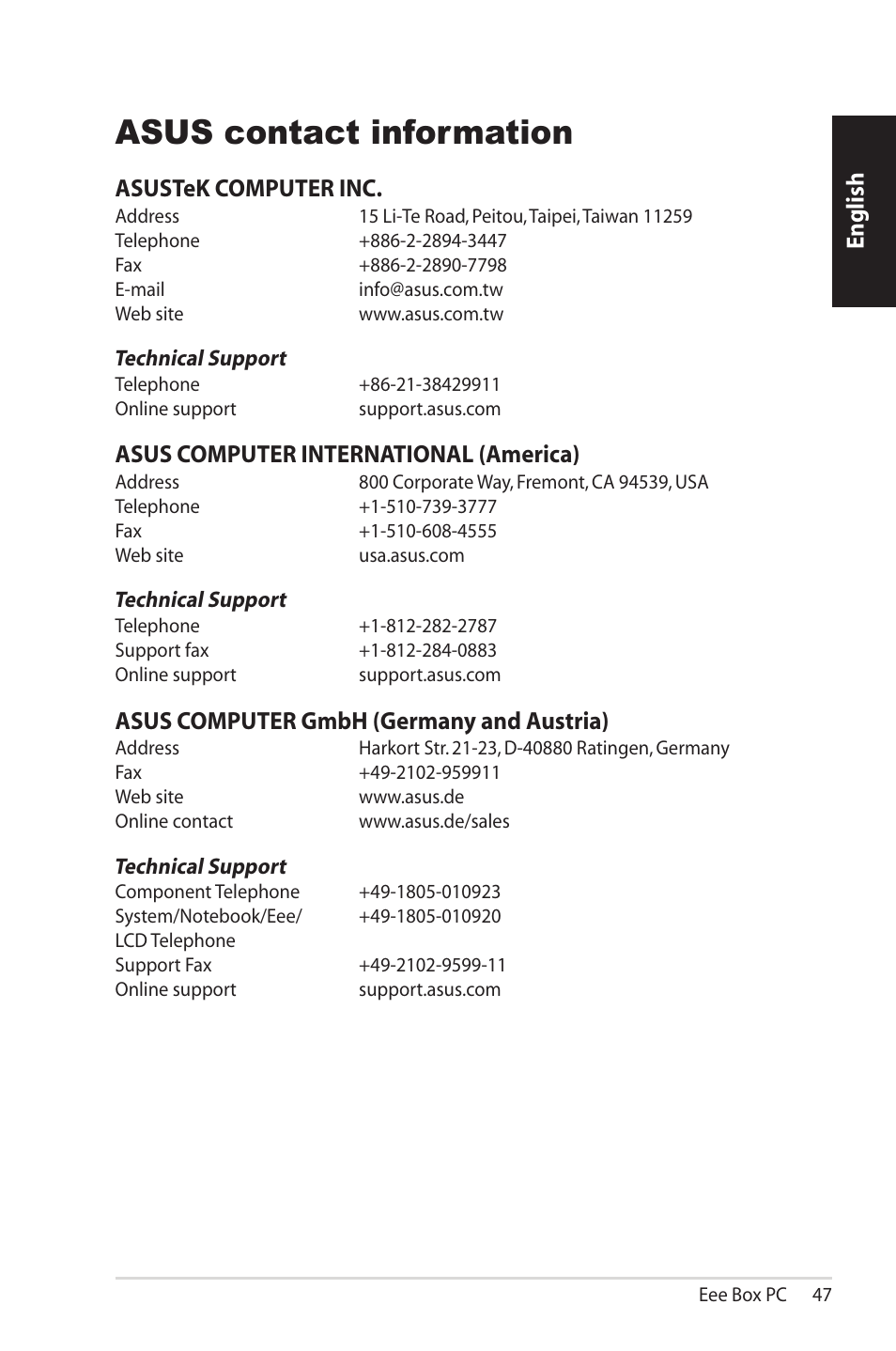 Asus contact information, English, Asustek computer inc | Asus computer international (america), Asus computer gmbh (germany and austria) | Asus EB1012U User Manual | Page 47 / 325