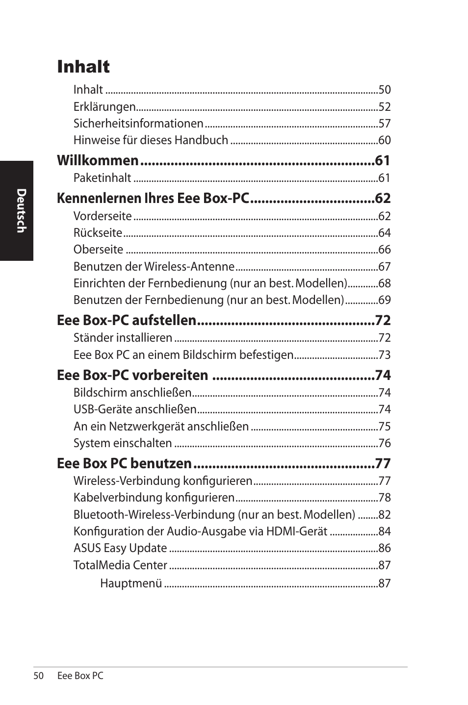 Inhalt, Willkommen, Kennenlernen ihres eee box-pc | Eee box-pc aufstellen, Eee box-pc vorbereiten, Eee box pc benutzen | Asus EB1012U User Manual | Page 50 / 325