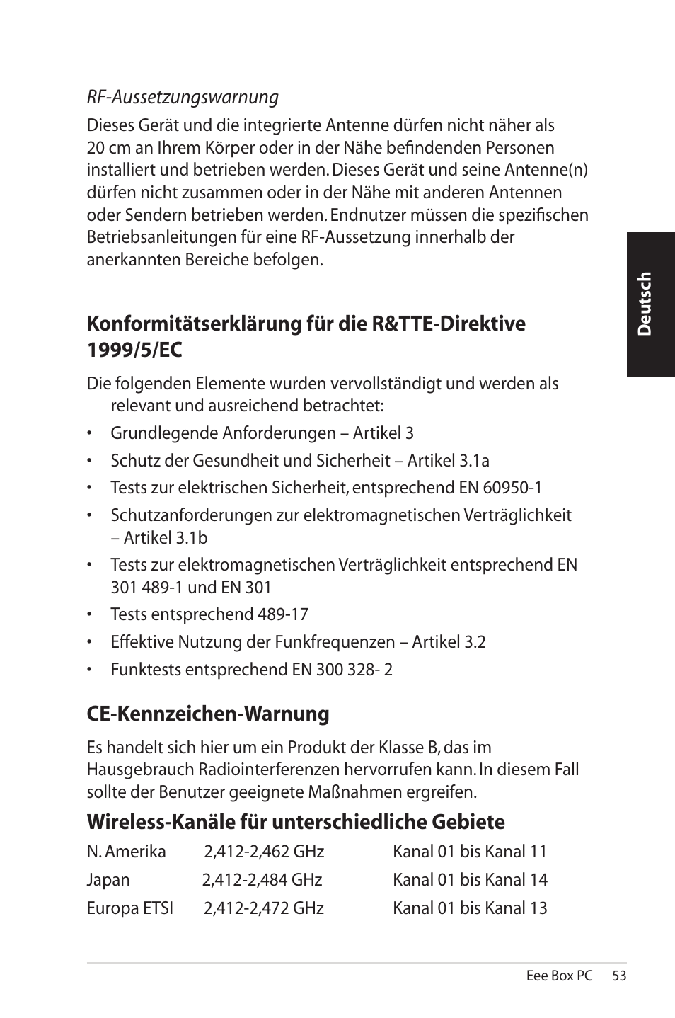Ce-kennzeichen-warnung, Wireless-kanäle für unterschiedliche gebiete | Asus EB1012U User Manual | Page 53 / 325