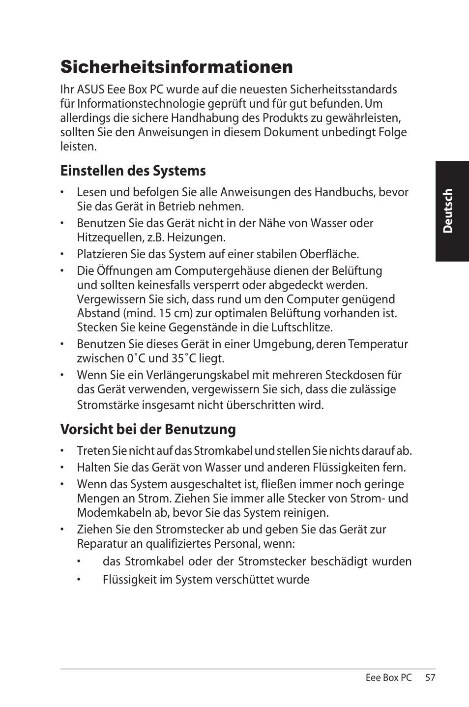 Sicherheitsinformationen, Einstellen des systems, Vorsicht bei der benutzung | Asus EB1012U User Manual | Page 57 / 325