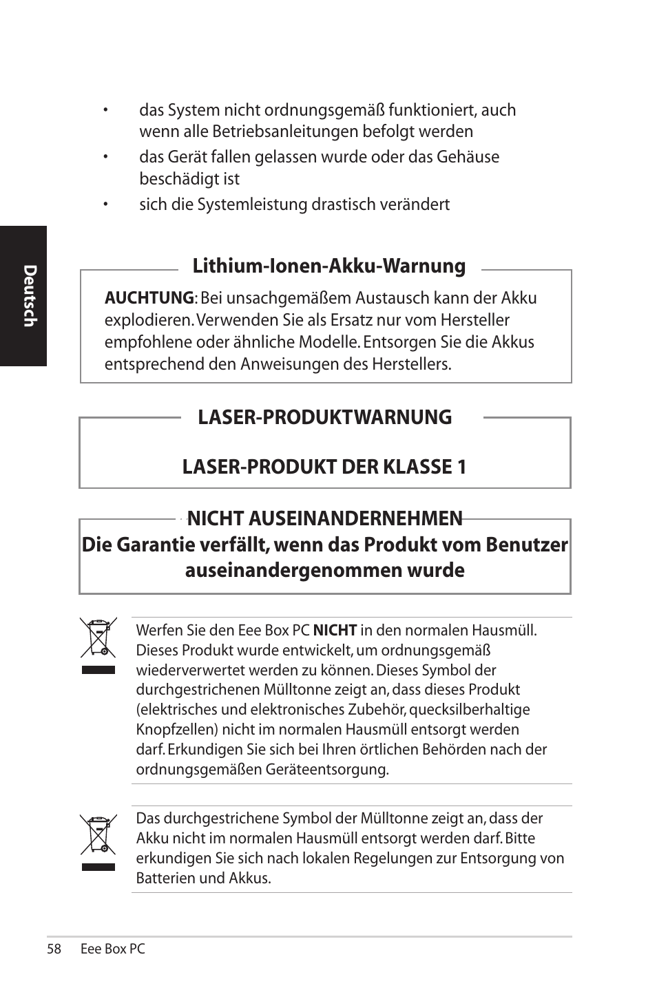 Lithium-ionen-akku-warnung, Laser-produktwarnung laser-produkt der klasse 1 | Asus EB1012U User Manual | Page 58 / 325