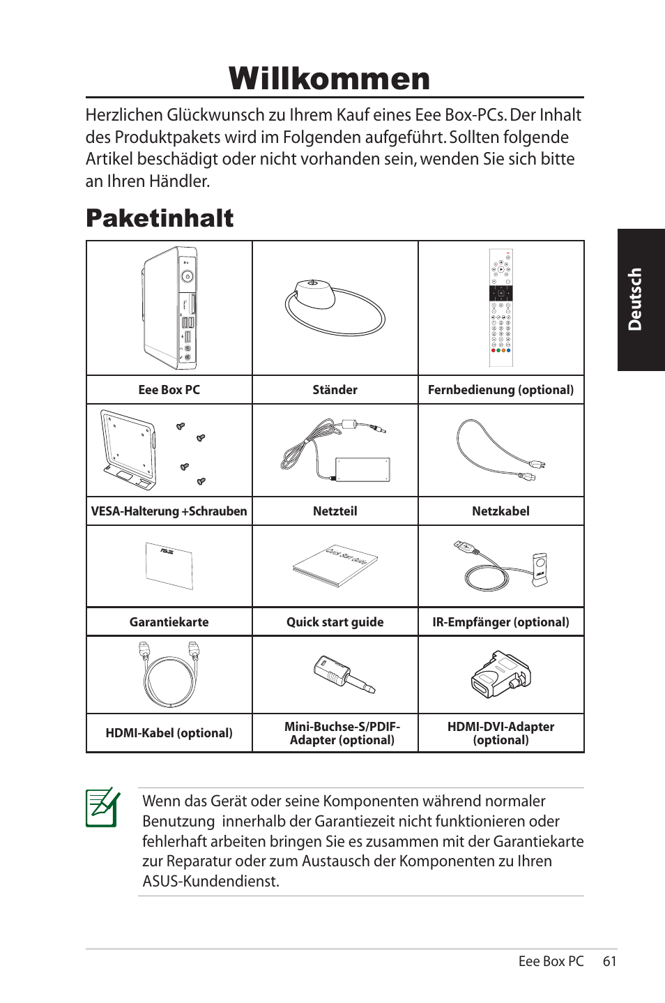 Willkommen, Paketinhalt, Deutsch | Asus EB1012U User Manual | Page 61 / 325