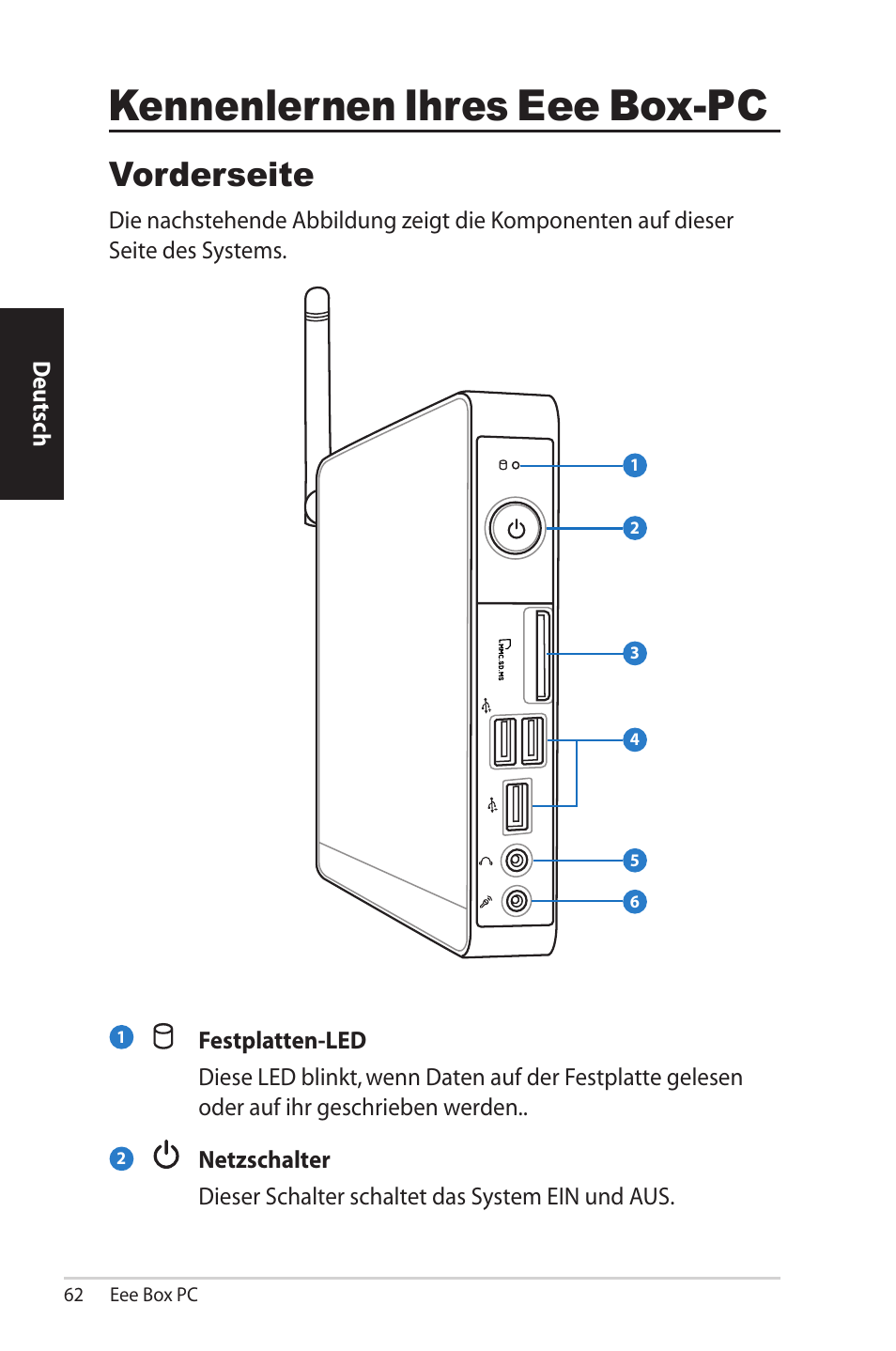 Kennenlernen ihres eee box-pc, Vorderseite | Asus EB1012U User Manual | Page 62 / 325