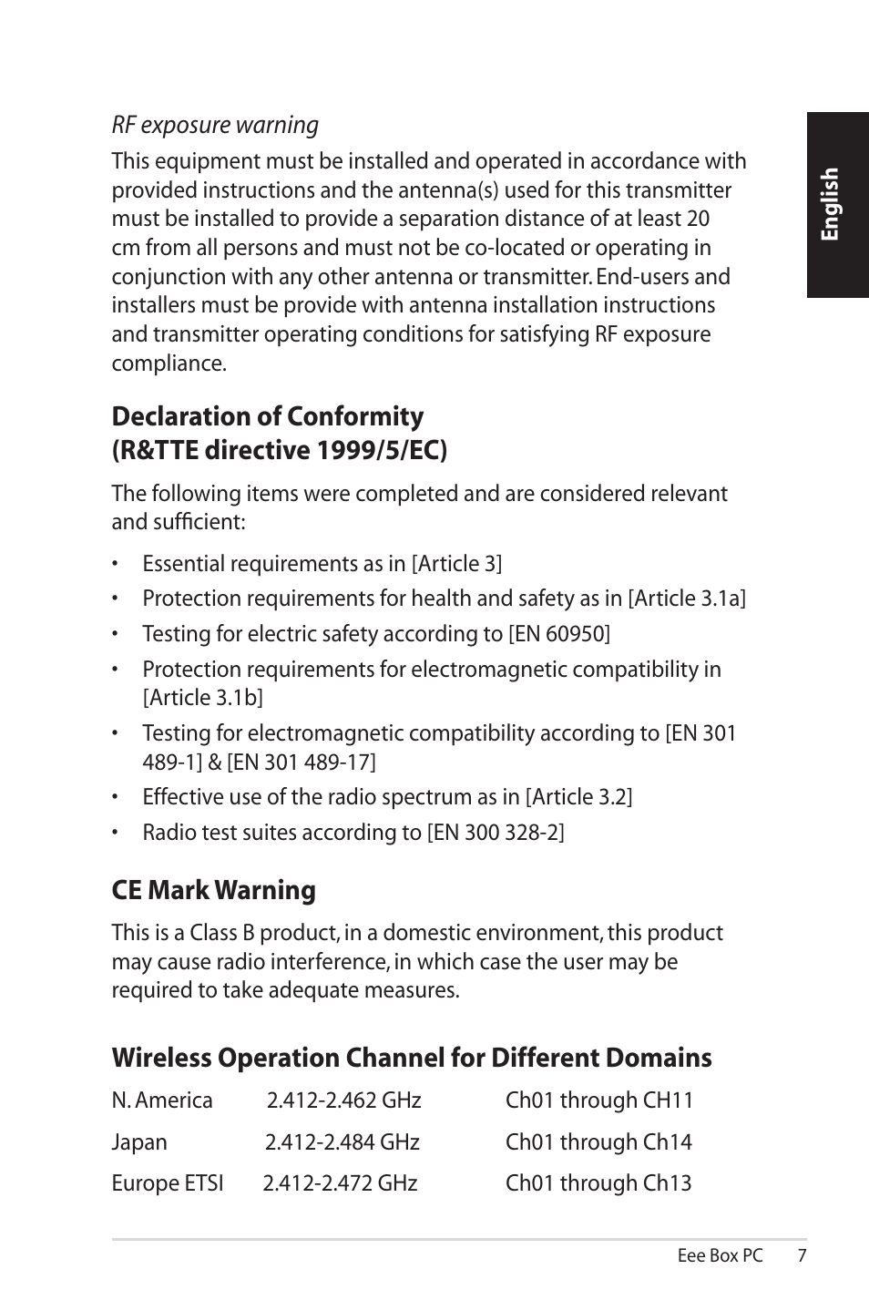 Ce mark warning, Wireless operation channel for different domains | Asus EB1012U User Manual | Page 7 / 325