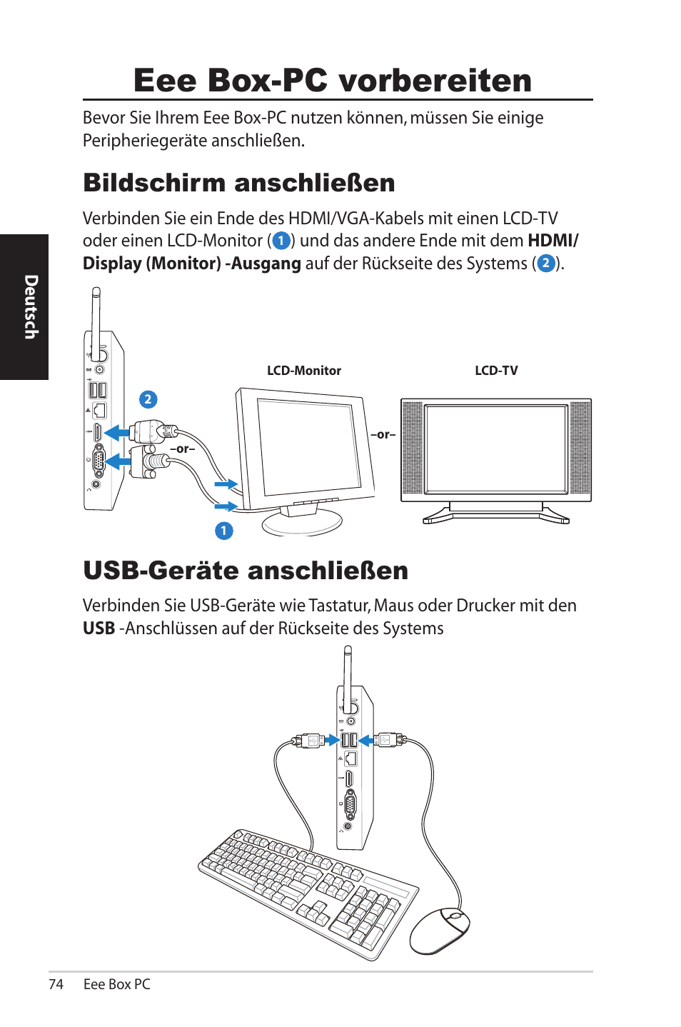 Eee box-pc vorbereiten, Bildschirm anschließen, Usb-geräte anschließen | Asus EB1012U User Manual | Page 74 / 325