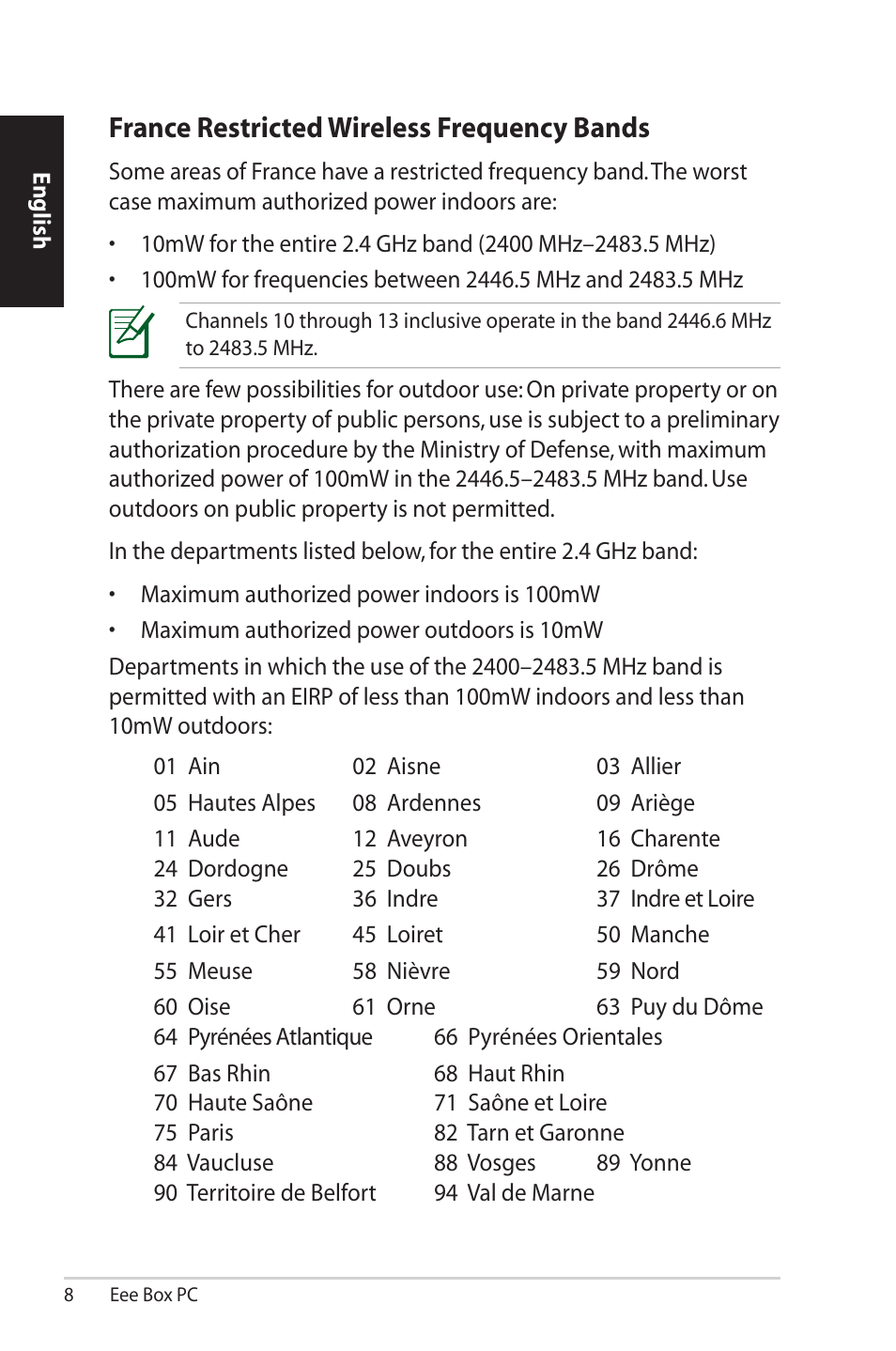 France restricted wireless frequency bands | Asus EB1012U User Manual | Page 8 / 325