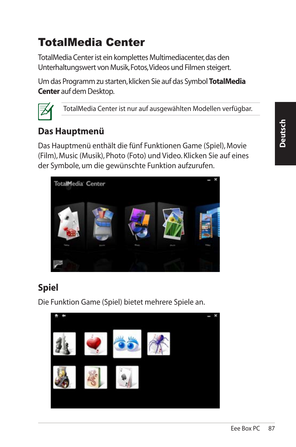 Totalmedia center, Spiel, Das hauptmenü | Asus EB1012U User Manual | Page 87 / 325