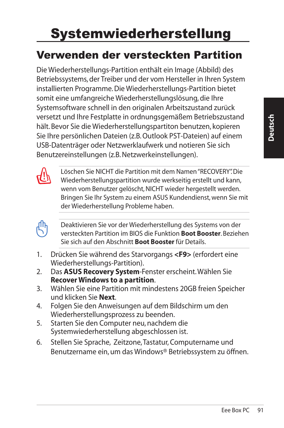 Systemwiederherstellung, Verwenden der versteckten partition | Asus EB1012U User Manual | Page 91 / 325