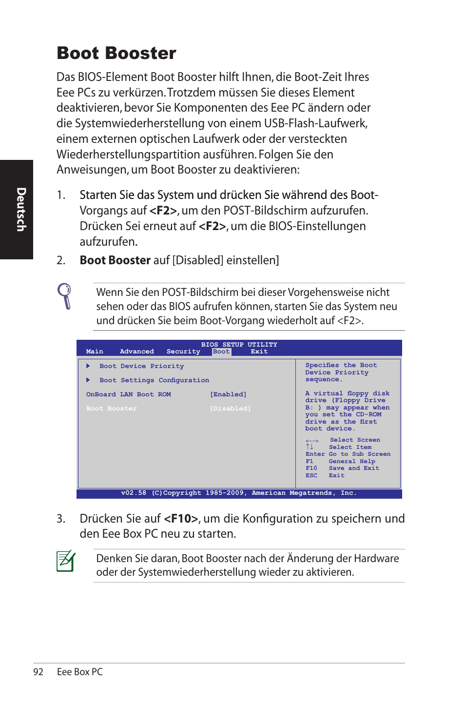 Boot booster, Deutsch, 92 eee box pc | Asus EB1012U User Manual | Page 92 / 325