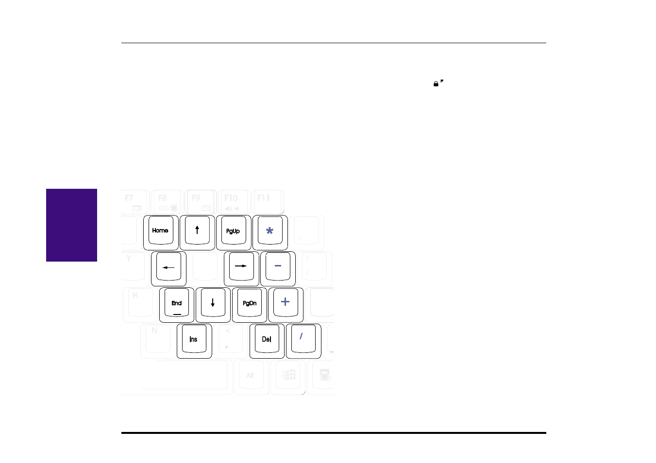 Using the keyboard (cont’), Numeric keypad as cursors | Asus F74 User Manual | Page 30 / 68