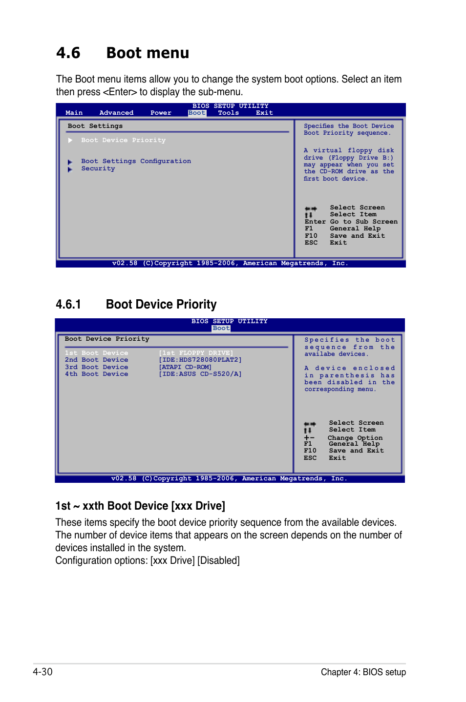 6 boot menu, 1 boot device priority, 1st ~ xxth boot device [xxx drive | Asus P5B Deluxe/WiFi-AP User Manual | Page 100 / 164