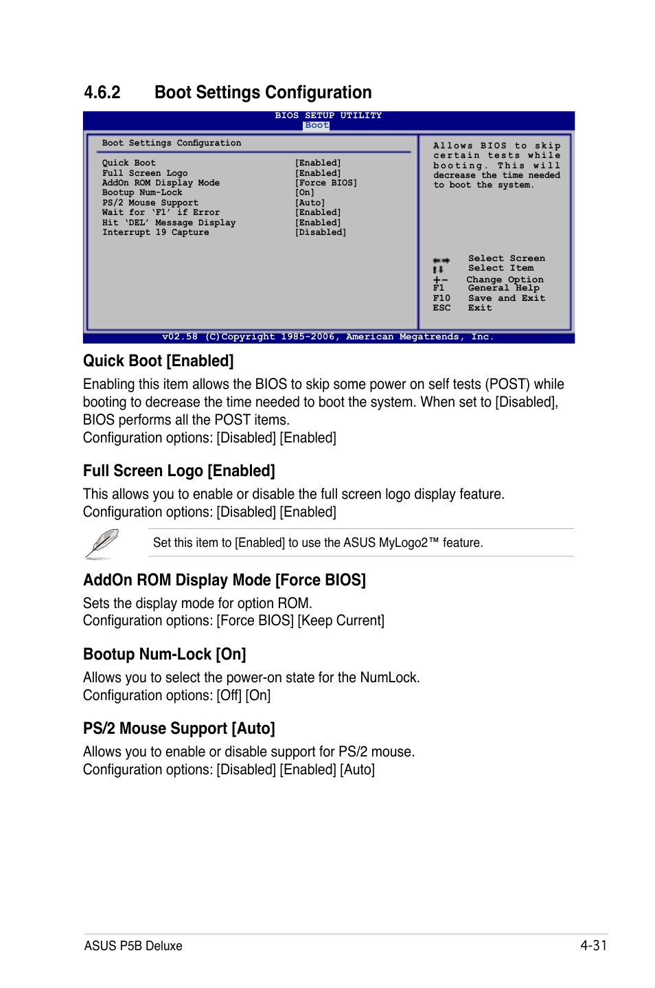 2 boot settings configuration, Quick boot [enabled, Full screen logo [enabled | Addon rom display mode [force bios, Bootup num-lock [on, Ps/2 mouse support [auto | Asus P5B Deluxe/WiFi-AP User Manual | Page 101 / 164