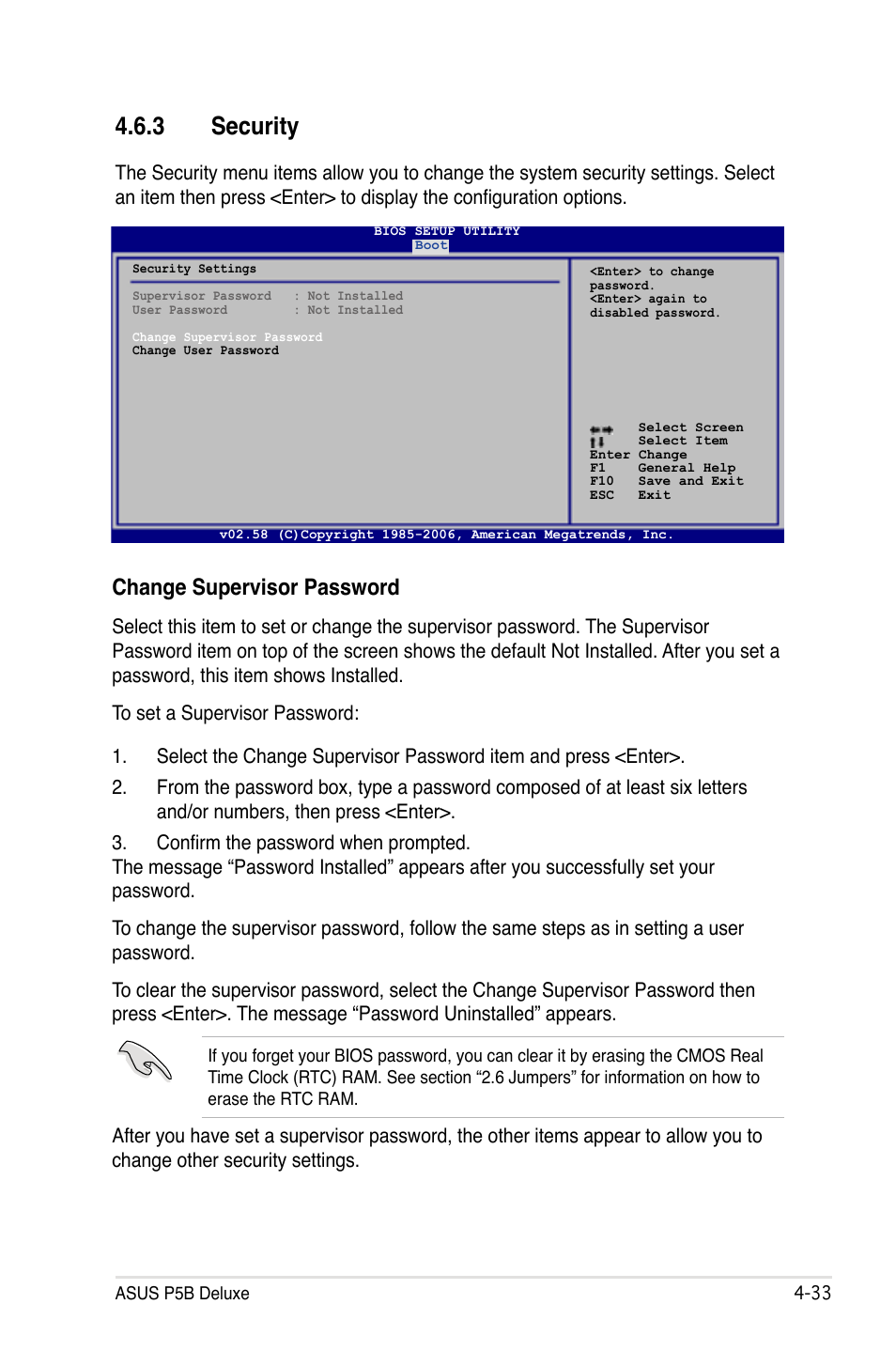 3 security, Change supervisor password | Asus P5B Deluxe/WiFi-AP User Manual | Page 103 / 164