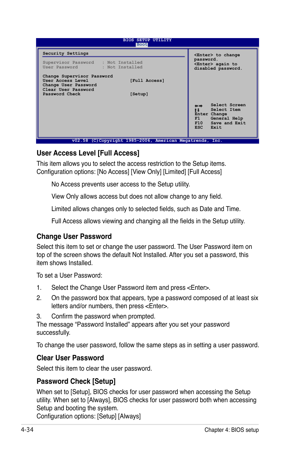 User access level [full access, Change user password, Clear user password | Password check [setup, Select this item to clear the user password | Asus P5B Deluxe/WiFi-AP User Manual | Page 104 / 164