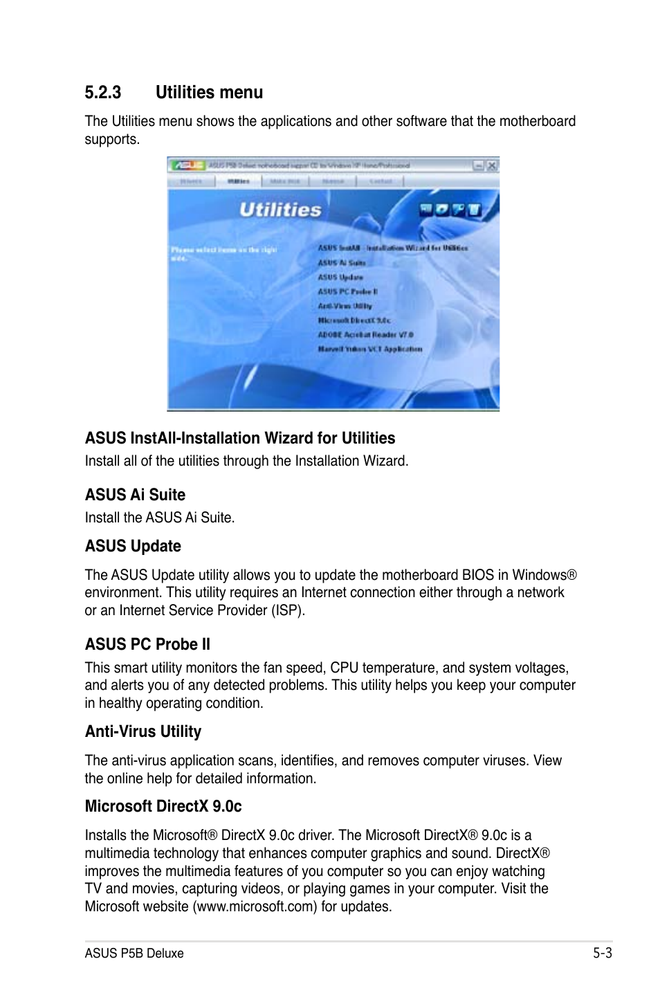 3 utilities menu | Asus P5B Deluxe/WiFi-AP User Manual | Page 113 / 164