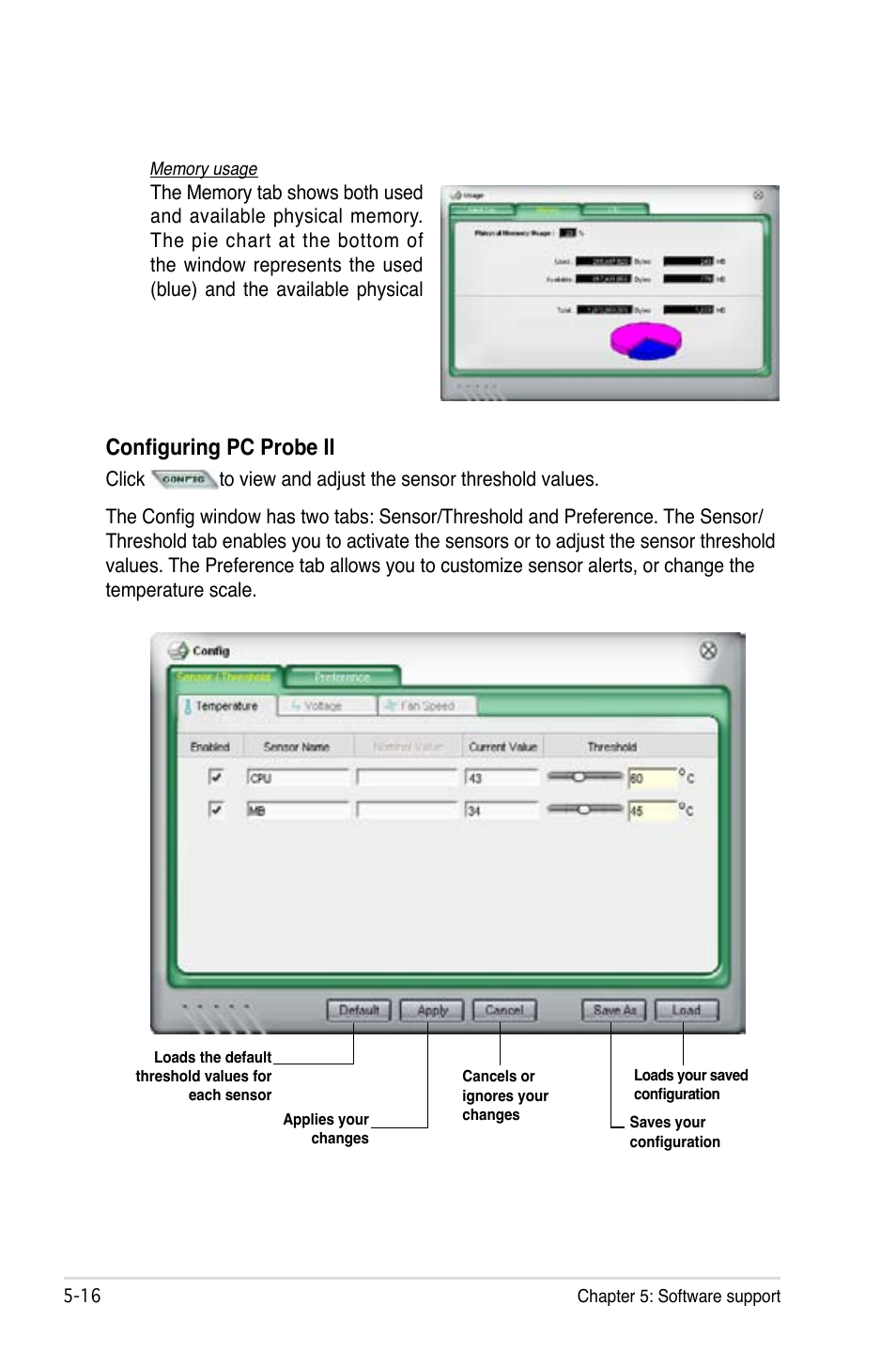 Configuring pc probe ii | Asus P5B Deluxe/WiFi-AP User Manual | Page 126 / 164