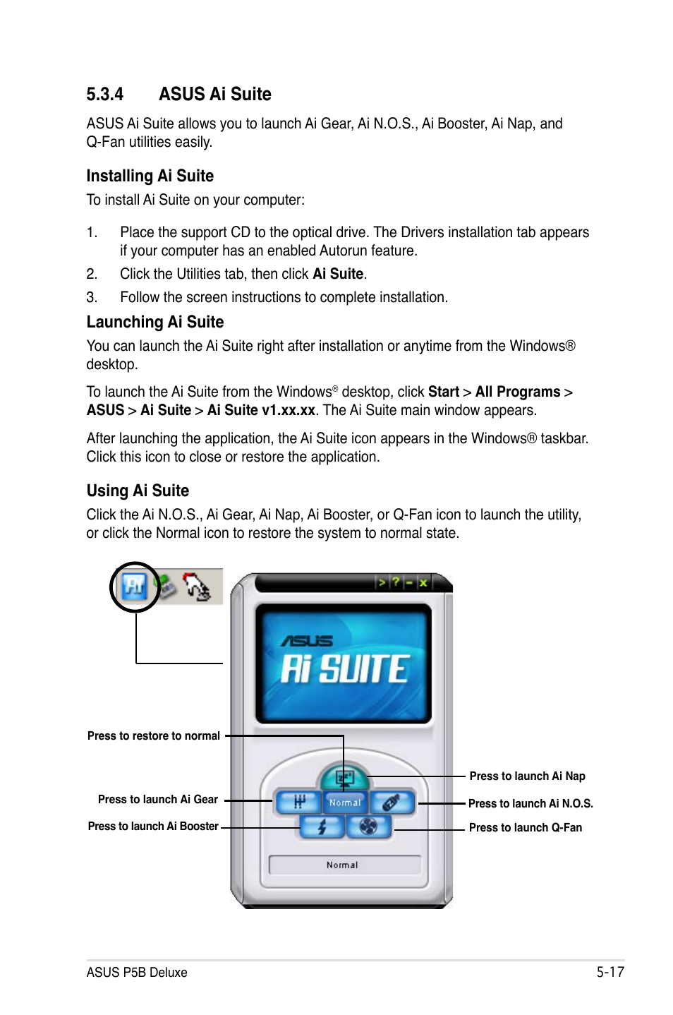 4 asus ai suite, Installing ai suite, Launching ai suite | Using ai suite | Asus P5B Deluxe/WiFi-AP User Manual | Page 127 / 164